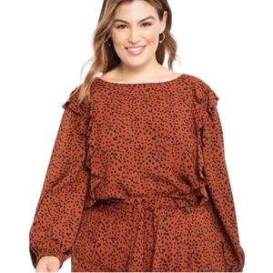 ELOQUII Elements Graphic Dot Print Brown Ruffle Puff Sleeve Blouse